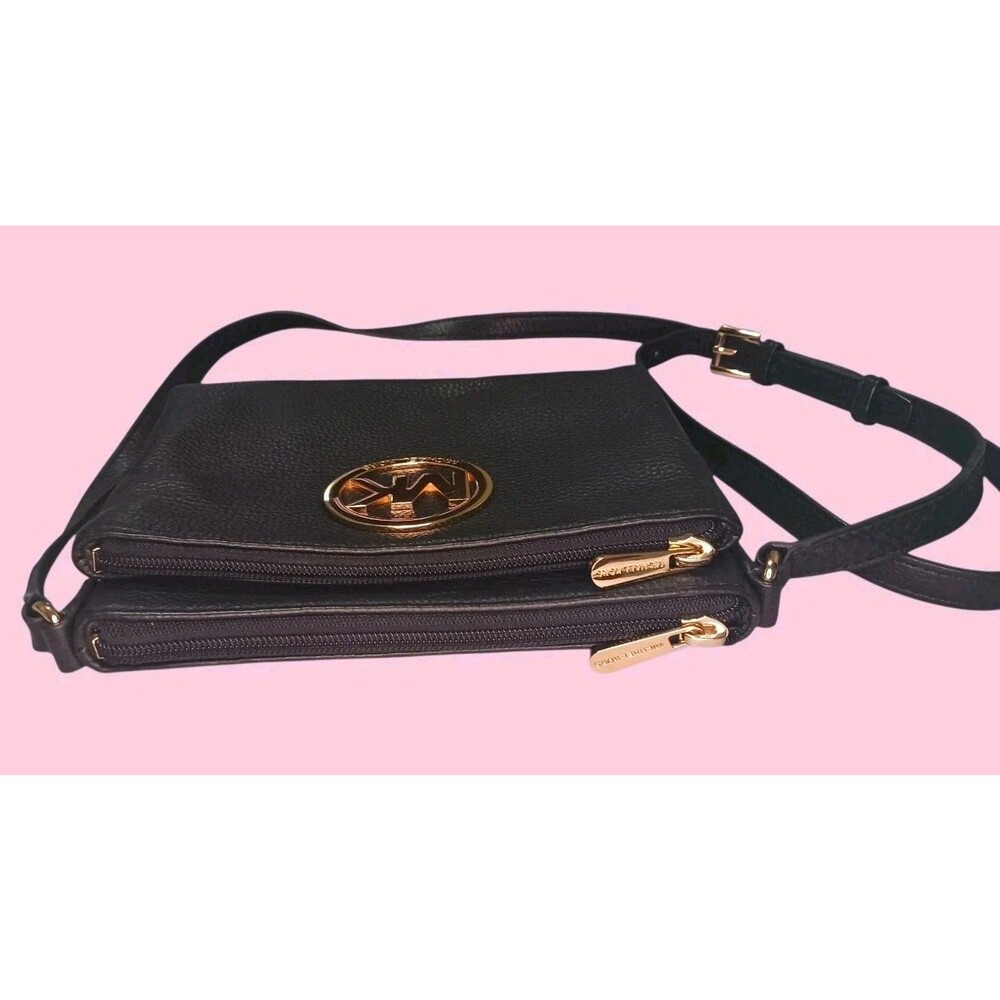 MICHAEL KORS FULTON Black Pebbled Leather Crossbody Bag Small Messenger MK Logo - Picture 4 of 6